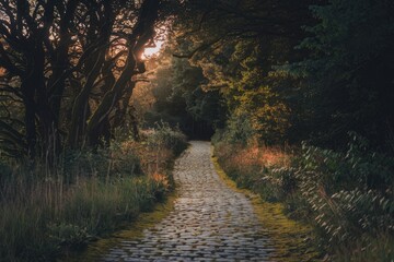 Poster - A cobblestone path winds through a forest  sunlight peeks through the trees.