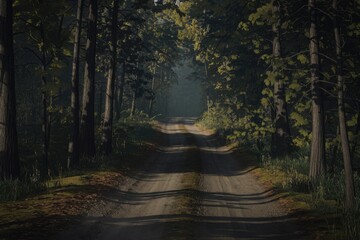 Aufkleber - A dirt road winds through a dense forest  sunlight filtering through the trees.