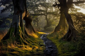 Poster - A misty path through a forest  sunlight illuminating the mossy ground