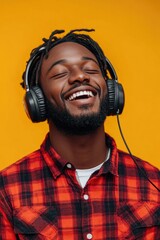 Poster - A person wearing headphones and a plaid shirt, possibly listening to music