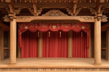 Aufkleber - A traditional theatre stage with a red curtain and wooden pillars, perfect for representing a performance or event