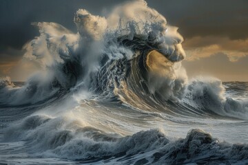 Poster - A large ocean wave crashes into the body of water