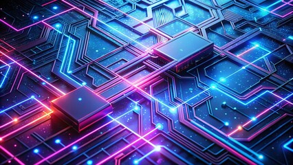 Poster - Intricate Puzzle Network of Digital Circuits in Blue and Neon Pink with a Sleek Tech Background Capturing the Essence of Modern Technology and Innovation