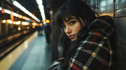 Poster - A woman standing against a subway station wall, casual pose