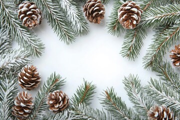 Poster - Close-up of pine cones and tree branches on a white surface