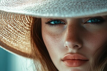 Poster - A close-up shot of a woman wearing a hat, suitable for various uses including fashion, lifestyle and portrait photography