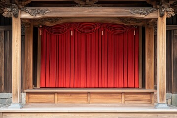 Poster - A red curtain surrounds a wooden bench on a stage