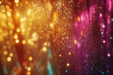 Poster - A close-up shot of a curtain with lights shining through, great for interior design or stage setting scenes
