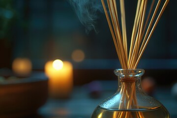 Aufkleber - Close-up shot of a glass vase with a candle lit in the background