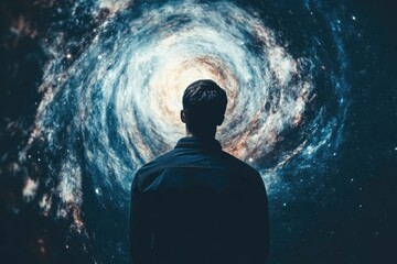 Poster - A person standing in front of a stunning spiral galaxy