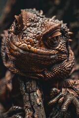 Poster - A close-up shot of a lizard sitting on a tree branch, with a natural environment in the background