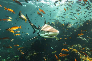 Poster - A great white shark swims through the ocean surrounded by schooling fish, a thrilling underwater scene