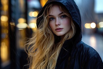 Poster - A woman wearing a black jacket stands outside during a rainy day, good for use as a background image or to depict a character in a story