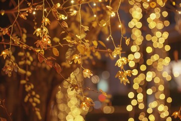 Poster - Close-up shot of a tree with colorful lights in the background, perfect for use in interior design or holiday-themed projects