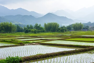 Poster - Aerial view of a rice field with mountains in the background, perfect for landscape or agriculture use