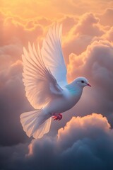 Poster - A white bird soaring through the air against a cloudy backdrop