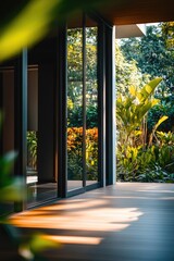 Aufkleber - A view of the exterior of a house from inside, looking out through a glass door