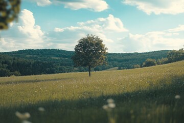 Poster - A solitary tree stands tall in a green field of grass