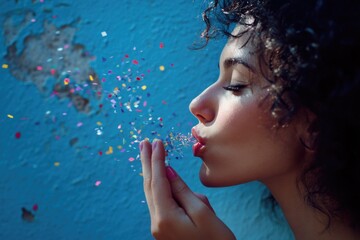 Canvas Print - A woman celebrates with confetti in front of a bright blue wall