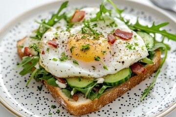 Poster - A simple meal on a white plate featuring a sandwich and an egg