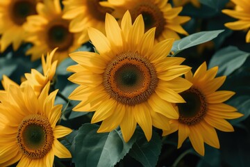 Poster - Close-up shot of bright yellow sunflowers with green leaves, perfect for use in illustrations or design projects