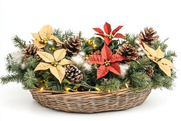 Poster - Fresh pine cones and colorful poinsettias arranged in a wicker basket