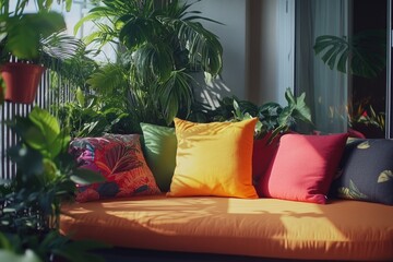 Poster - A couch with multiple pillows piled high, perfect for lounging or decorative purposes