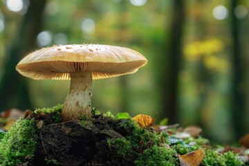 Poster - A single mushroom sits atop a mound of moss in this serene outdoor scene, ideal for use in nature-themed designs or as a symbol of growth