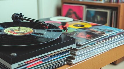 Aufkleber - Vintage Gramophone on a Polished Wood Cabinet with Records