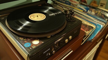 Poster - Vintage Gramophone on a Polished Wood Cabinet with Records