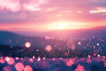 Poster - A blurred image of the sun setting behind a field with rolling hills and greenery
