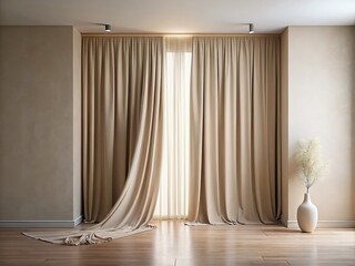 Poster - Minimalist Beige Product Mockup Curtain Background for Online Store Branding Featuring Soft Textiles and Elegant Drapery in a Clean, Modern Interior Setting