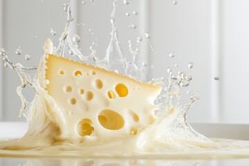 Poster - A slice of cheese falling into the water with ripples and reflections