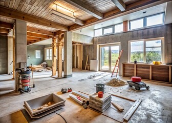 Poster - Minimalist House Construction Site Emphasizing Renovation Process with Tools, Materials, and Open Space for a Modern Aesthetic in Architectural Photography
