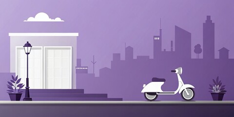 Poster - Minimalist Illustration of a Scooter on a Lavender Sidewalk with White Buildings in the Background, Emphasizing Simple Geometric Shapes and a Minimalistic Aesthetic
