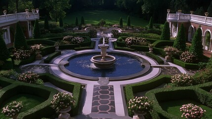 Poster - Symmetrical Garden with Fountains and Sculpted Hedges