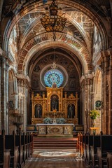 Poster - A church interior with wooden pews and a beautiful stained glass window
