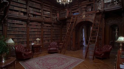 Poster - Richly Decorated Bedroom with Mahogany Furniture and Silk Bedding