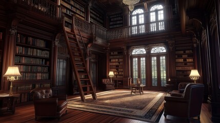 Poster - Stately Manor Library with Wooden Shelves and Classic Armchairs