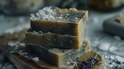 Poster - A pile of soap bars placed on a cutting board, ideal for use in kitchen or bathroom scenes