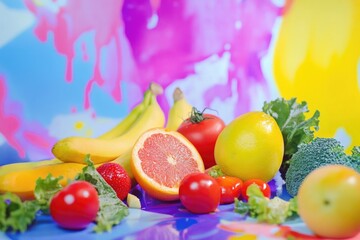 Poster - A colorful arrangement of fruits and vegetables on a wooden table, ideal for use in cooking or healthy living promotions