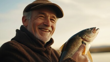 Wall Mural - cheerful man in a cap holding a caught fish and smiling, bright sky behind, soft sunlight