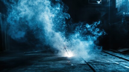 Worker Welding with Smoke in Dim Industrial Setting