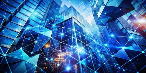 Poster - Modern Blue Geometric Shapes in Abstract Technology Background with Double Exposure Effect, Showcasing Innovative Design and Futuristic Aesthetic for Digital Content Creation