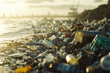 Poster - A polluted beach scene with litter and waste scattered everywhere, suitable for environmental or conservation-themed projects
