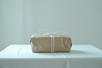 Poster - A beautifully wrapped gift sitting on a clean and simple white table, perfect for use in various occasions such as holidays or special events