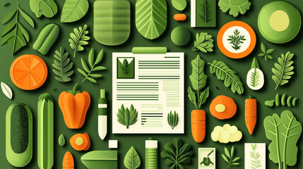 Wall Mural - Abstract collage of various vegetables and leaves with a prominent document in the center on a green background