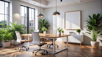 Poster - Modern Office Space with Mockup Poster, Table, and Chairs Ideal for Creative Card Design, Featuring a Bright Atmosphere and a Lively Picture Frame for Inspiration
