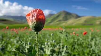 Poster - A single poppy flower grows in a green field with distant mountains visible in the background, offering a serene landscape