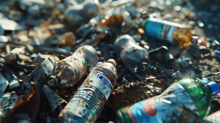 Poster - A pile of discarded plastic bottles littering the ground